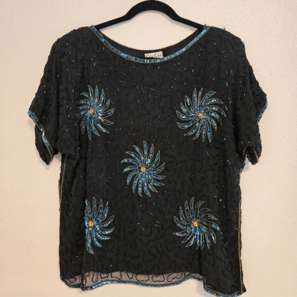 CEE CEE Blouse Sz M Silk Sequin Embellished Boxy Boat Neck Dolman Sleeve Black